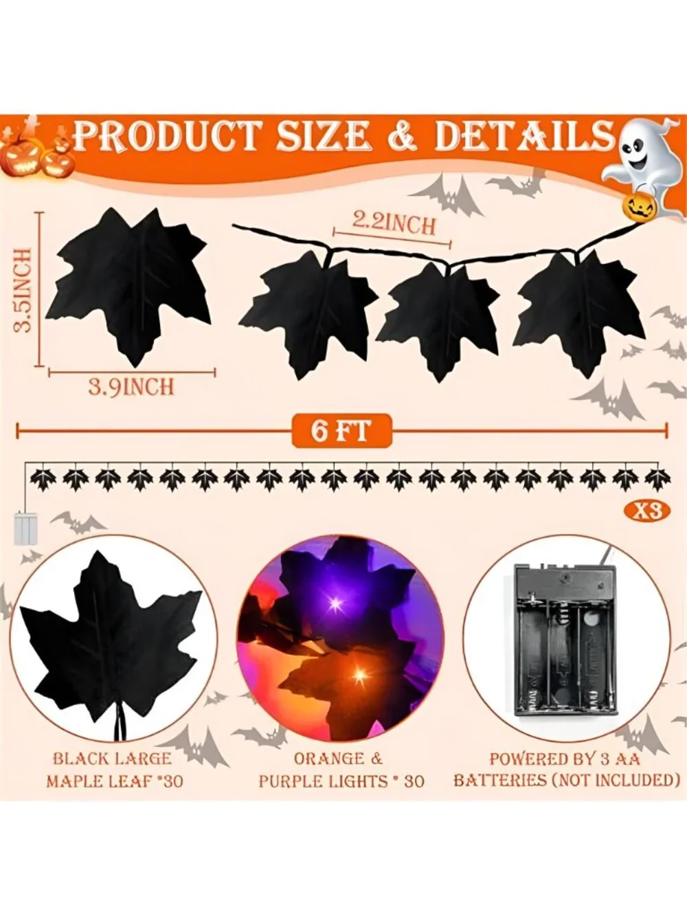 3 Pack Total 18 Ft Black Halloween Garland with Lights for Halloween Decor